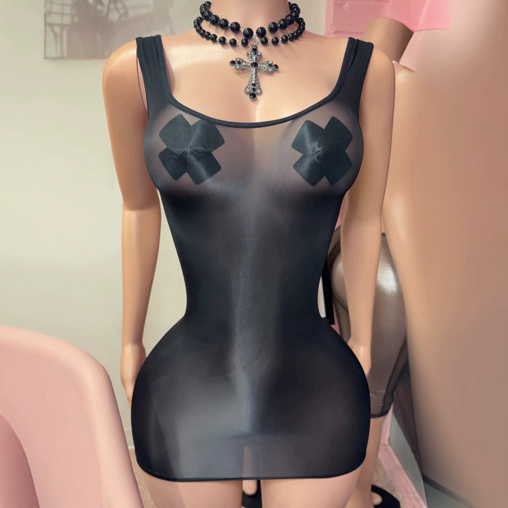 Sexy Mesh Sheer Bodycon Dress - JENYAGE Сексуальное глянцевое прозрачное мини-платье-майка для