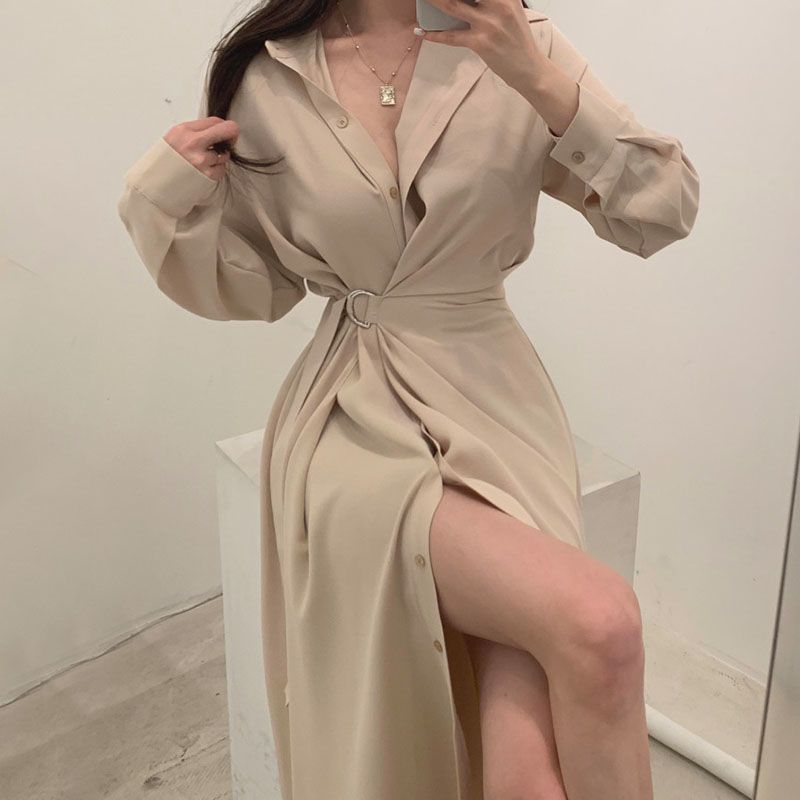 Стильное платье-рубашка с длин – обзор и цена Korean Style A Line Shirt Dress