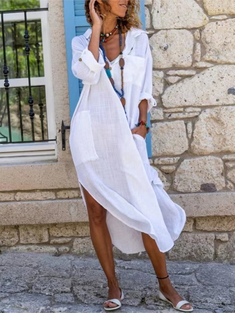 Белое женское платье-рубашка,  – обзор и цена Casual Loose Linen Shirt Dress